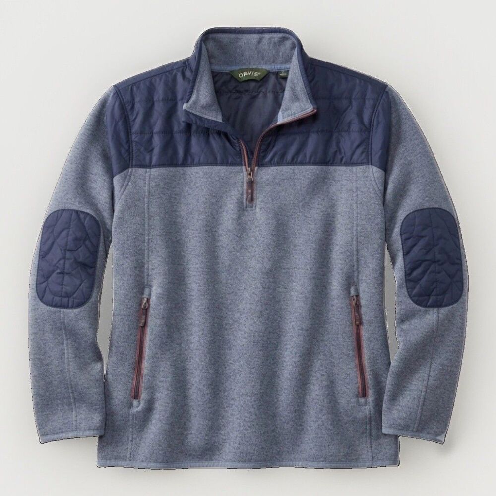 Orvis Men Large Cotton Blend Quilted Elbow Patch Two Tone Blue 1/4 Zip Sweater